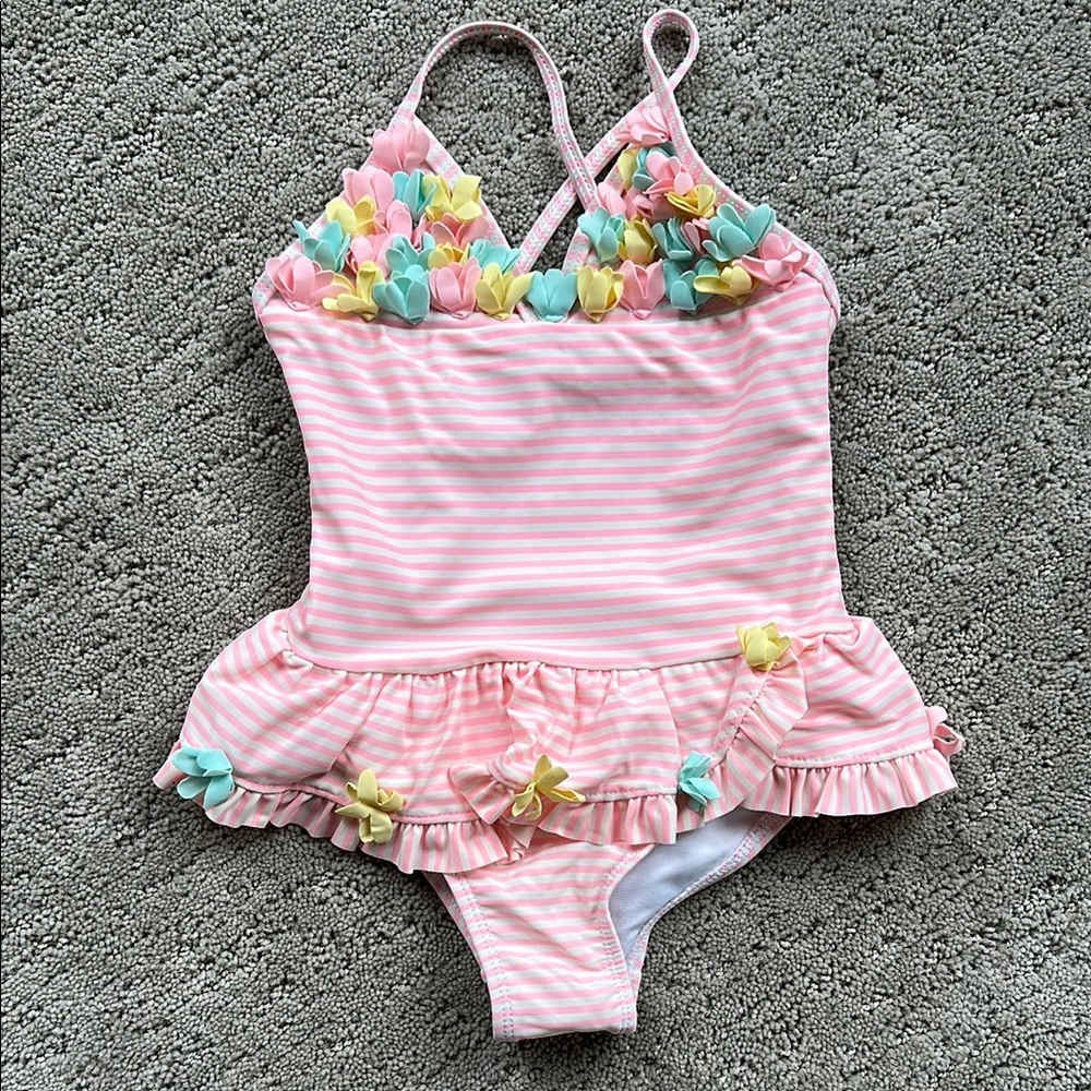 Little Me Pink Striped Kids Swimwear with Floral Accents